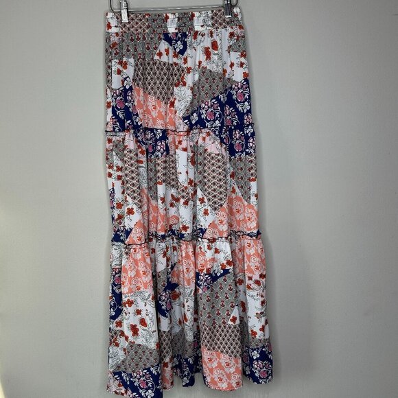 Womens Patchwork Blue White and Pink Tiered Maxi Skirt Size Small Boho Hippie - Picture 4 of 9